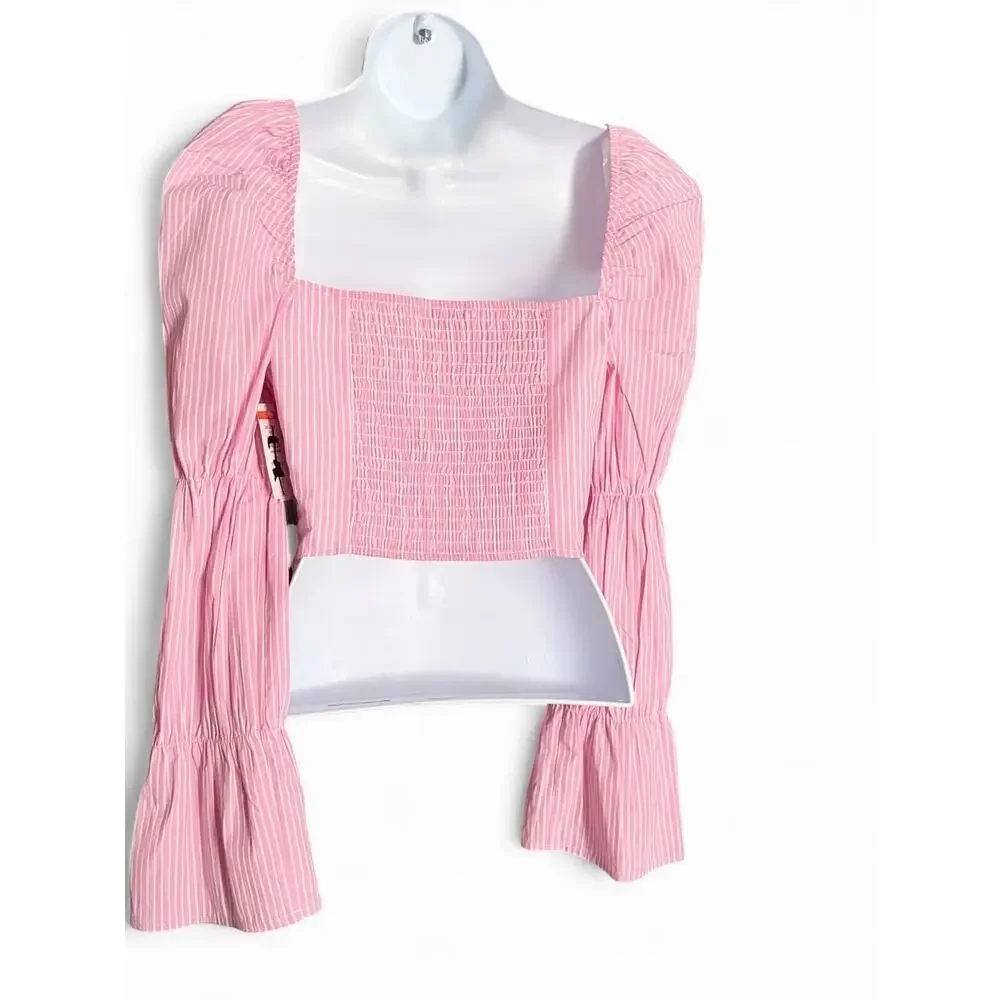 Freshman 1996 Pink Stripe Crop Top Smocked Back Bell Sleeve Cottagecore S